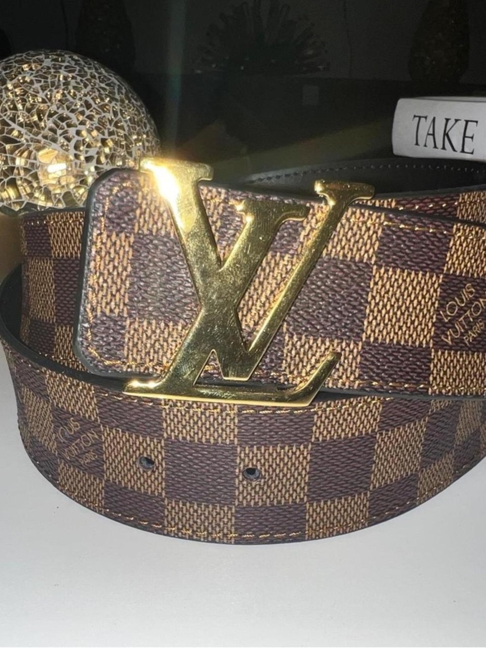 Louis Vuitton Brown Damier Belt with Gold LV Initials Buckle